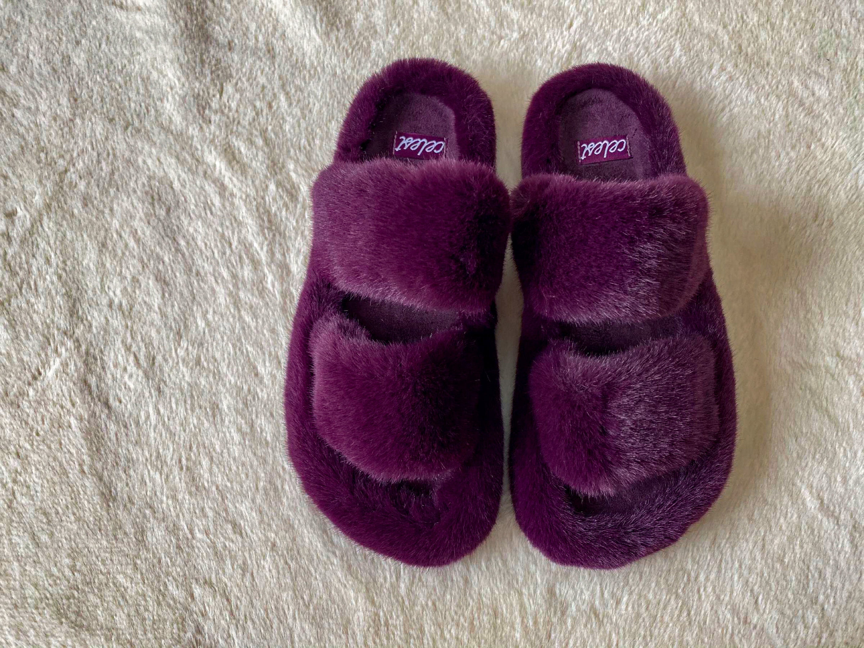 ciabatte con pelo ecologico , suola in gomma resistente e antiscivolo